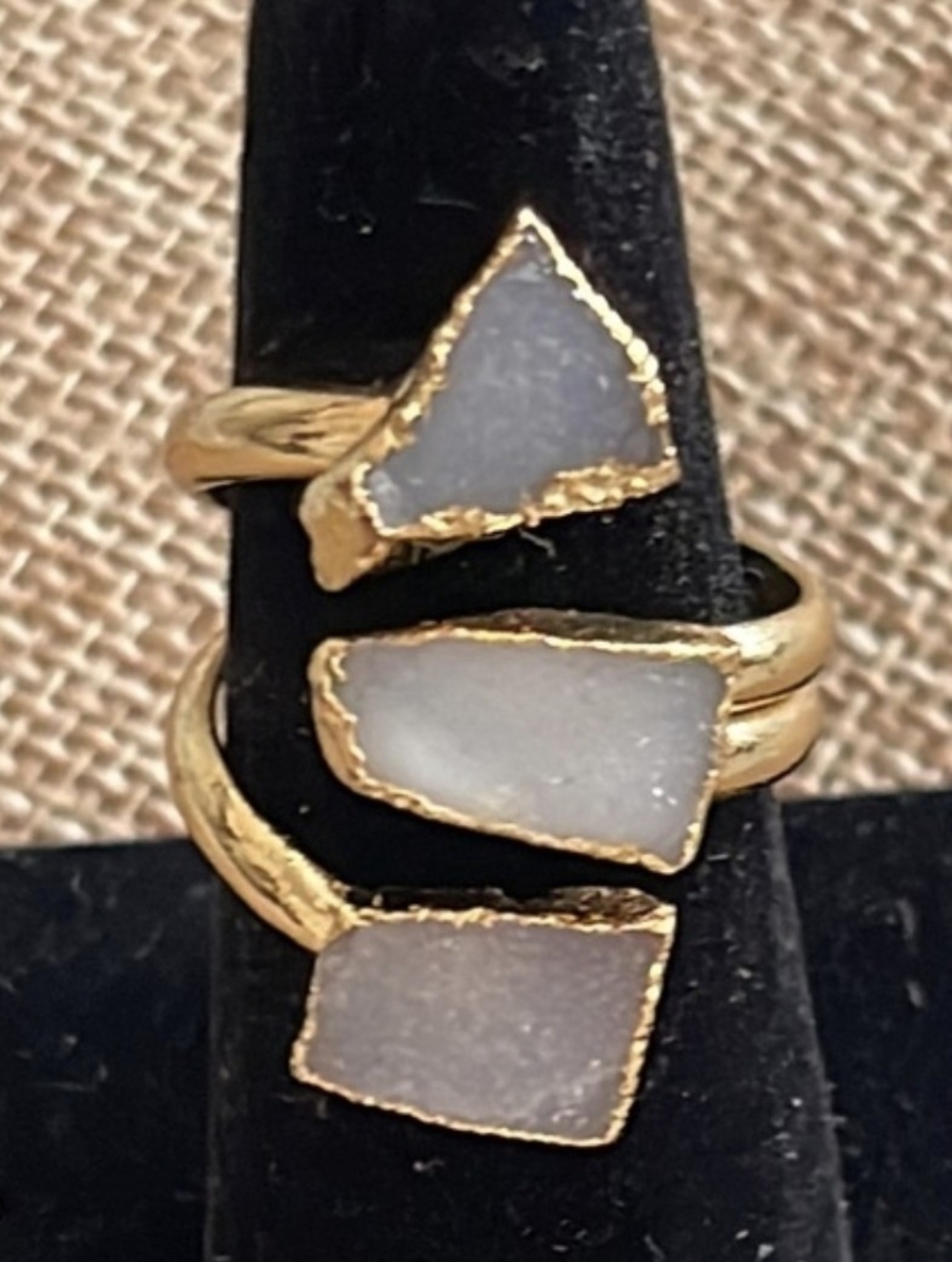 Gold Plate Triple Druzy Quartz Ring Size 7